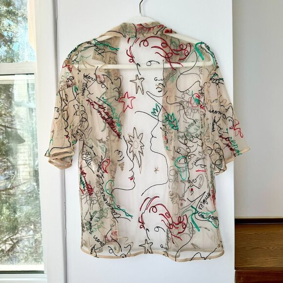 Aritzia Babaton Sheer Abstract Print Button Down Short Sleeve Shirt Embroidered - Picture 9 of 9